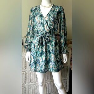 Anthropologie Omika Mini Dress faux wrap w/ Metallic Gold Threads - Green Size S